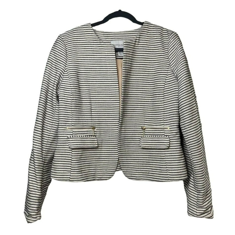 Katherine Barclay Blazer Black White Striped Zip Pocket Open Front Large Womens